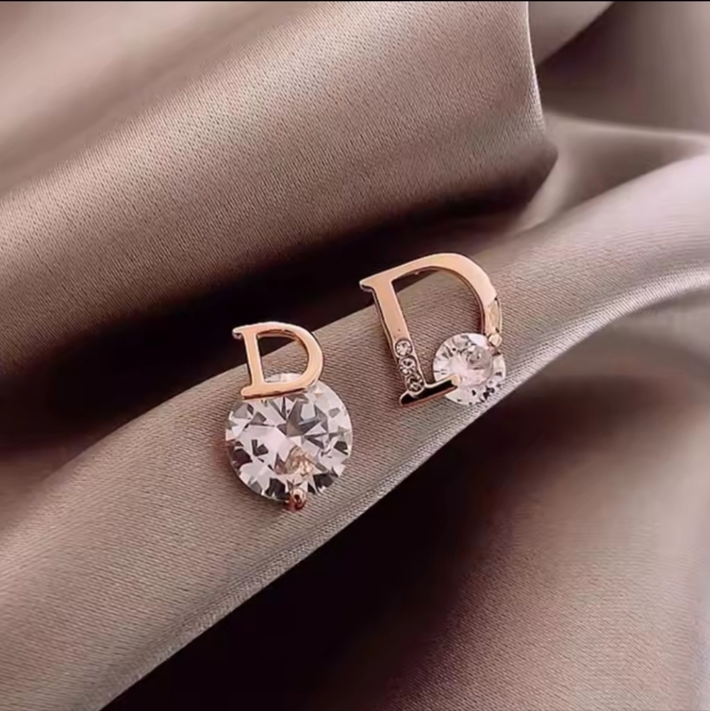 Letter D Cubic Zirconia Stud Earrings - Gold - Picture 2 of 4